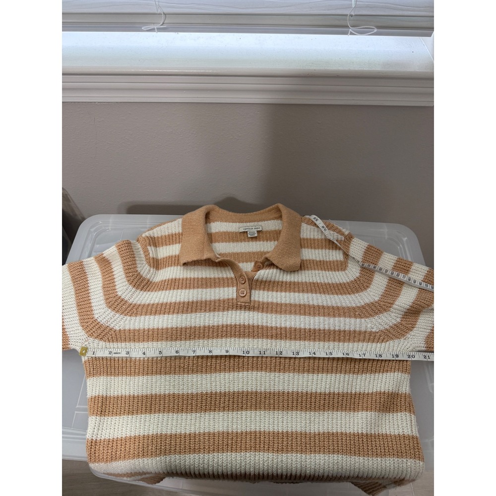 American Eagle Polo Sweater Womens XL Tan White Excellent Striped Ribbed Knit - Picture 7 of 8